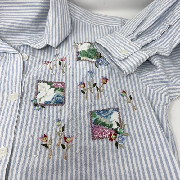 Floral Patchwork Pearl Embellished Cotton Long Sleeve Blouse Size 1X Striped - Picture 10 of 13